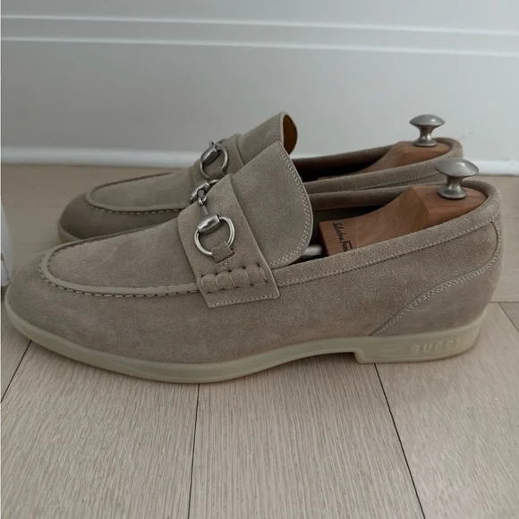 Gucci Beige Suede Loafers with Silver Accent